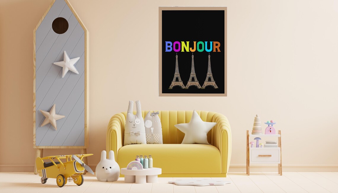 Bonjour Paris Colorful Eiffel Tower Trio Typography on Black Poster - Image 4