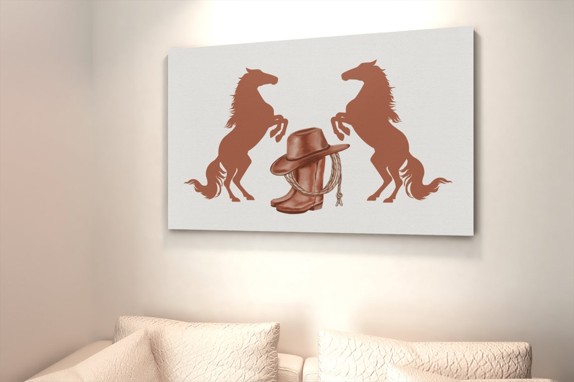 Western Cowboy Boots Hat Horses Silhouette Rustic Art Poster