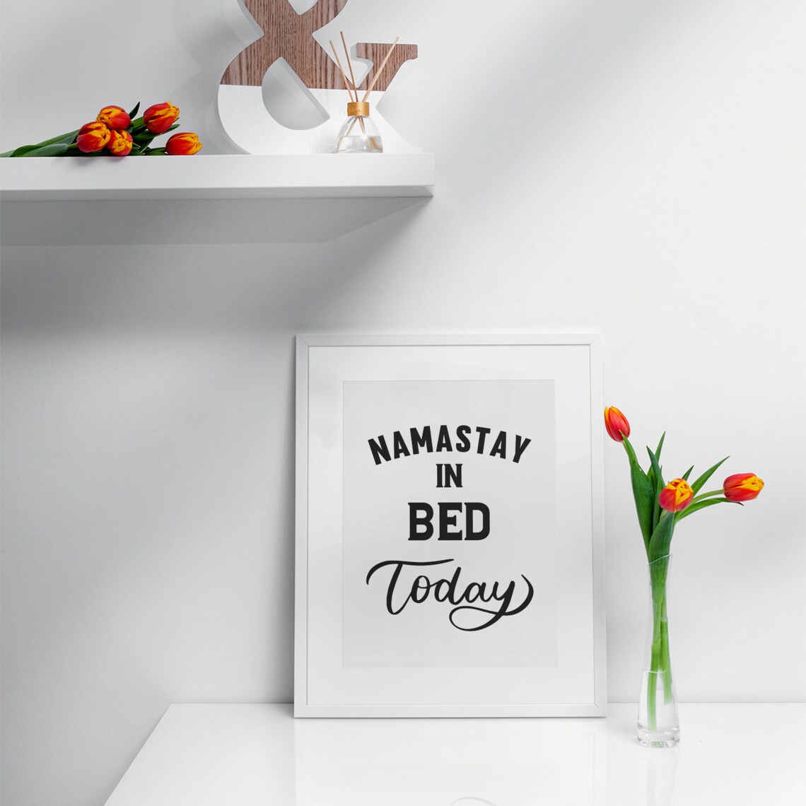 Namastay in Bed Today Funny Lazy Bedroom Typography Quote Poster - Image 2
