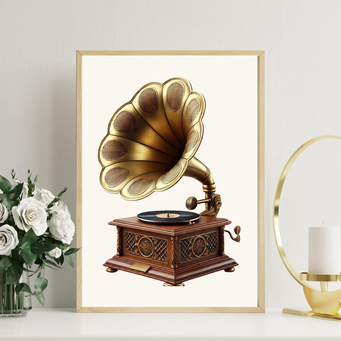 Vintage Brass Horn Gramophone Retro Music Room Gallery Poster - Image 4