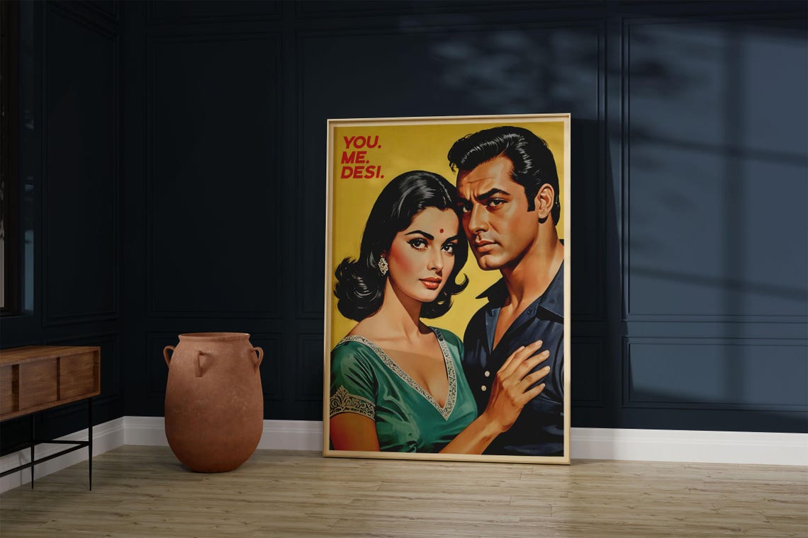 You Me Desi Retro Bollywood Couple Romance Movie Style Art Poster