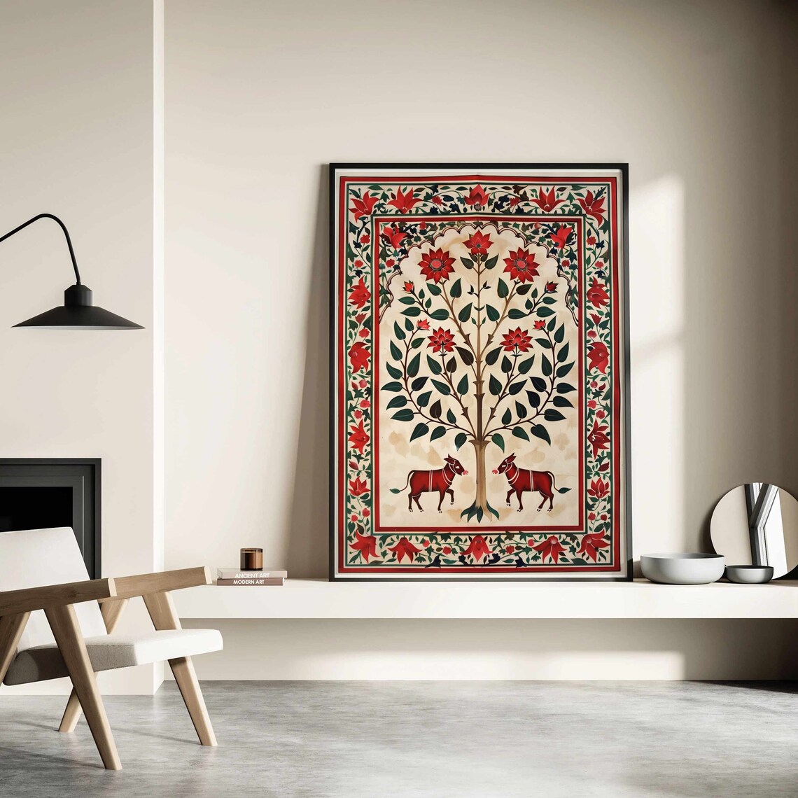 Traditional Pichwai Tree Of Life Painting With Sacred Cows Folk Poster