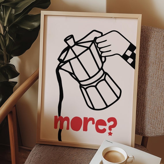 More Coffee Print Moka Pot Red Pink Typography Coffeebar Poster Preppy Barista Cafe Kitchen Sign Eclectic Decor Retro Wall Art