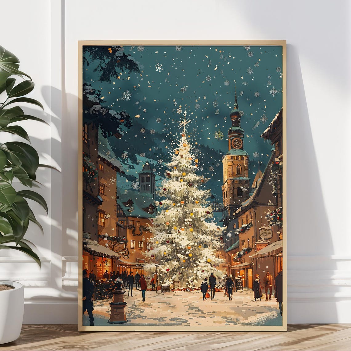Snowy Christmas Village Square Night Tree Clock Tower Wall Art Print - Image 5