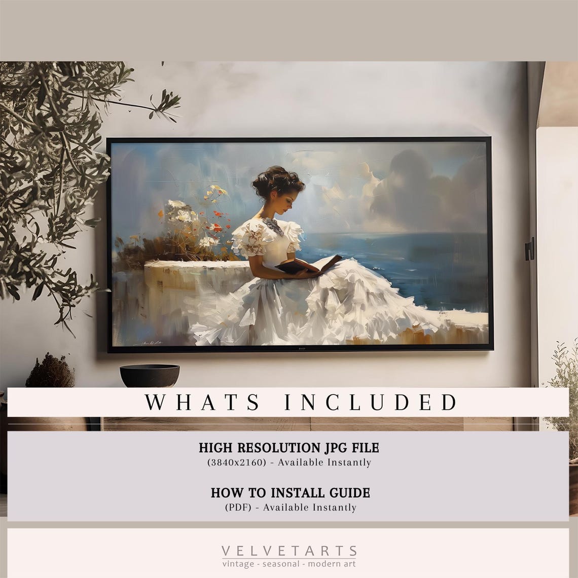 Frame Tv Art Woman In White Dress Reading Neutral Vintage Painting Farmhouse Art Instant Tv0194 - Image 4