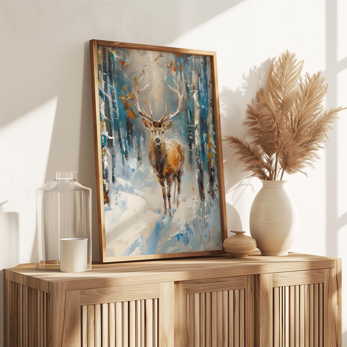Majestic Stag in a Snowy Winter Forest Vintage Painting Wall Art - Image 3