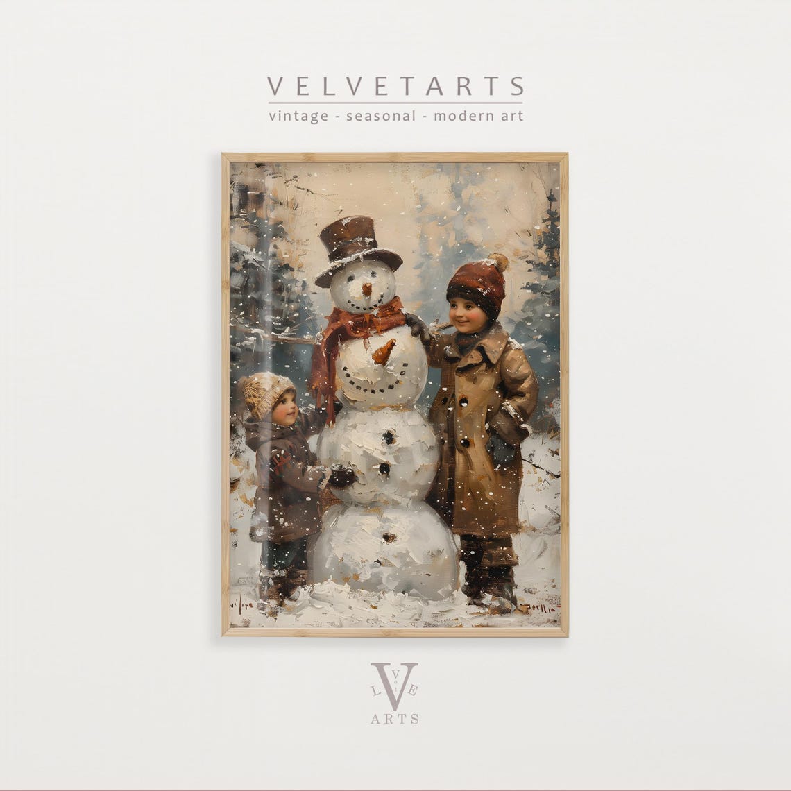 Children Building a Snowman With Top Hat in Falling Snow Poster