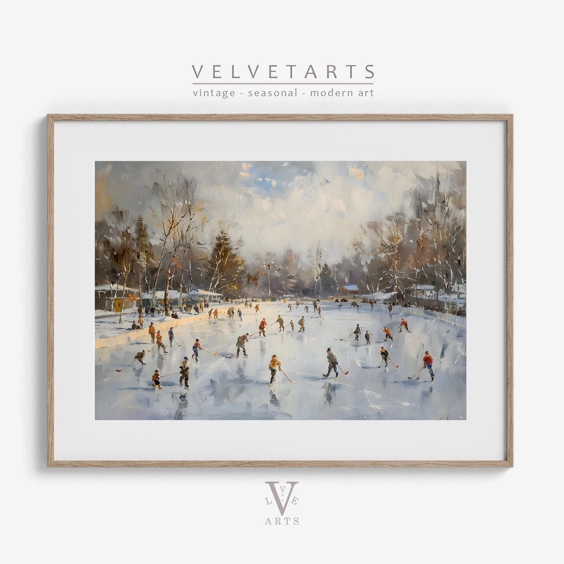 Winter Frozen Lake Vintage Painting Christmas Print Farmhouse Christmas Christmas Wall Art Vp0162