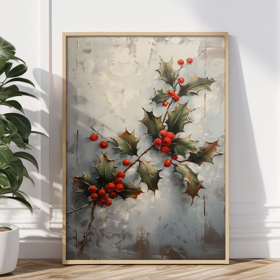 Red Holly Berries Branch White Winter Elegant Botanical Wall Art Print - Image 5