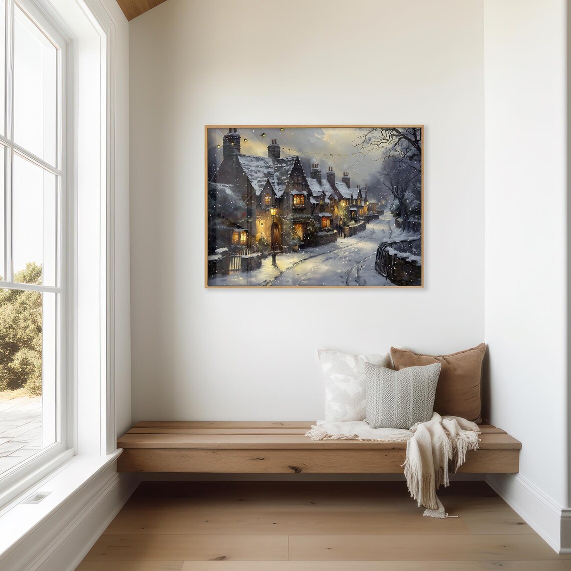 Snowy Cottage Street Night Lights Vintage Christmas Wall Art Poster - Image 3