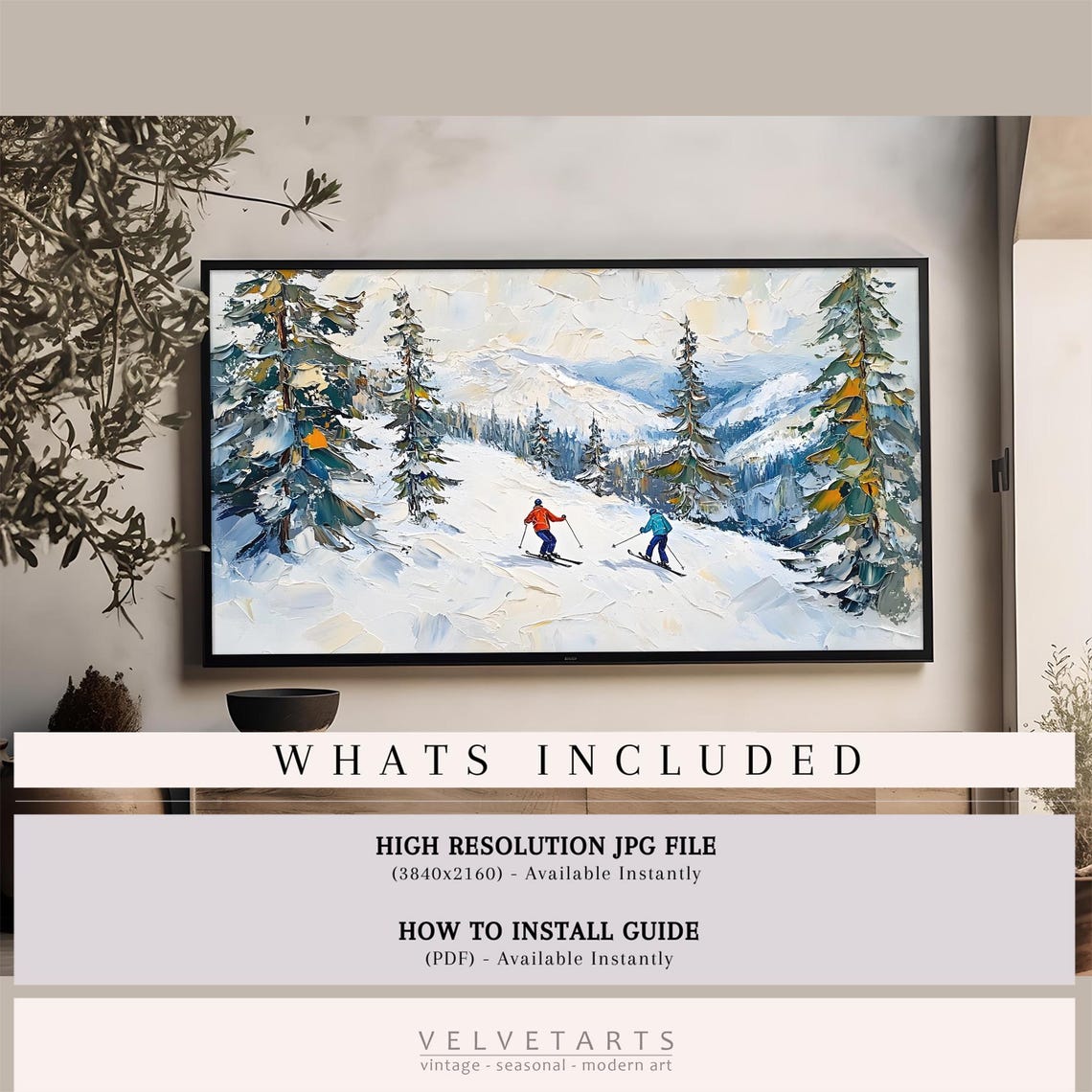 Frame Tv Art Skiers In Red Jackets Christmas Decor Winter Festive Painting Farmhouse Art Christmas Tv0226 - Image 4