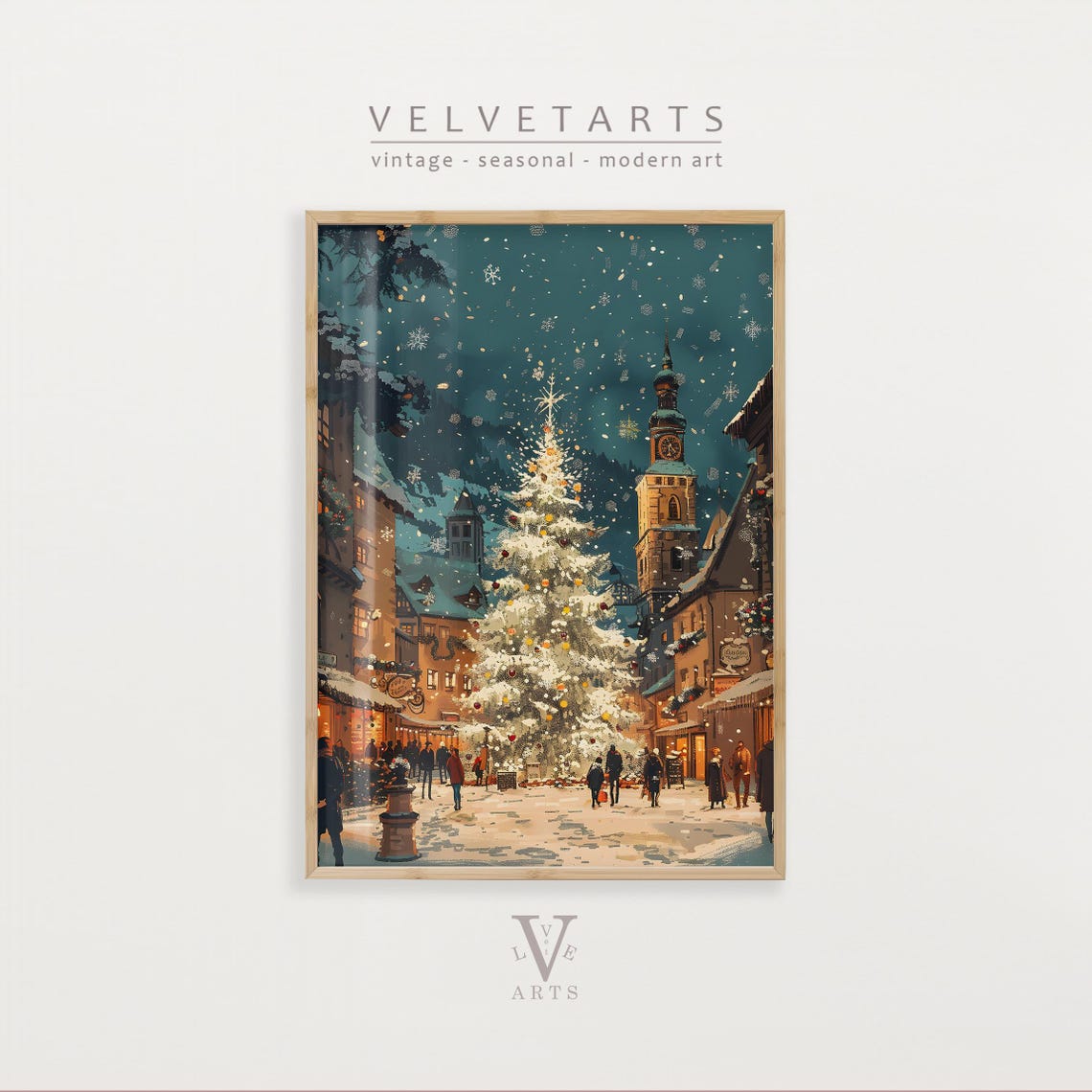 Snowy Christmas Village Square Night Tree Clock Tower Wall Art Print