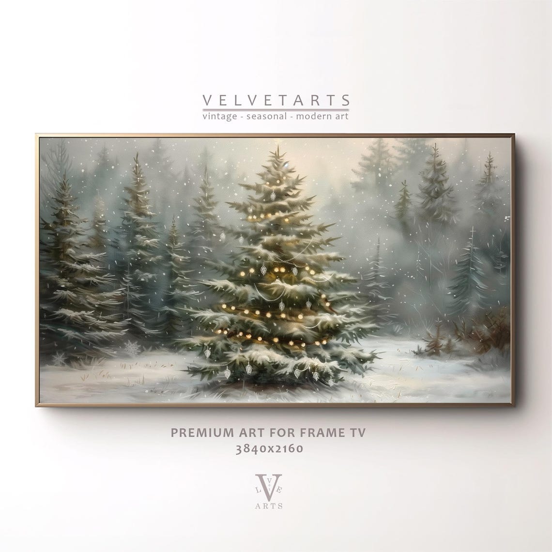 Snowy Christmas Tree Lights Misty Winter Forest Painting Poster