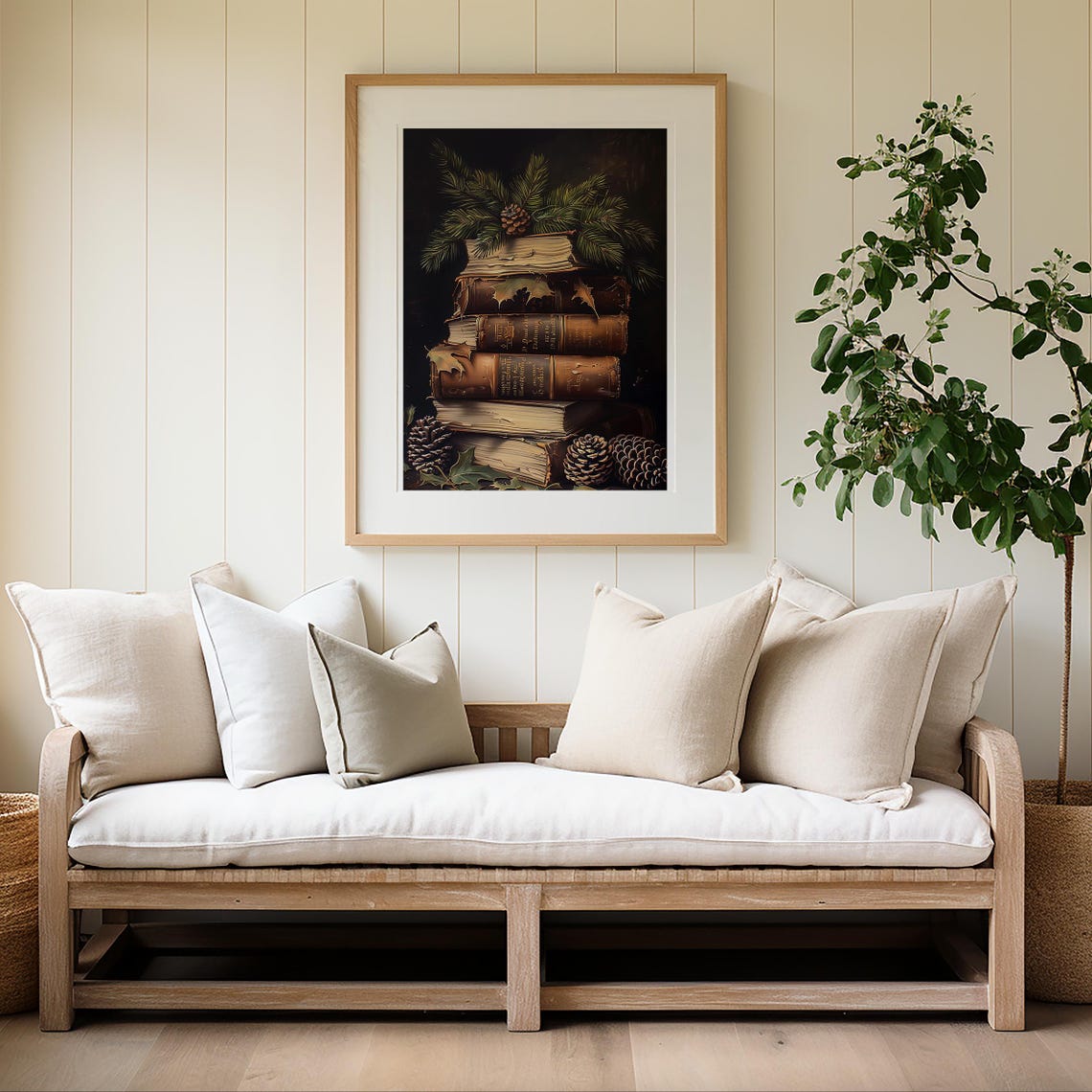 Antique Leather Books Stack Pine Cones Moody Winter Wall Art Print - Image 4