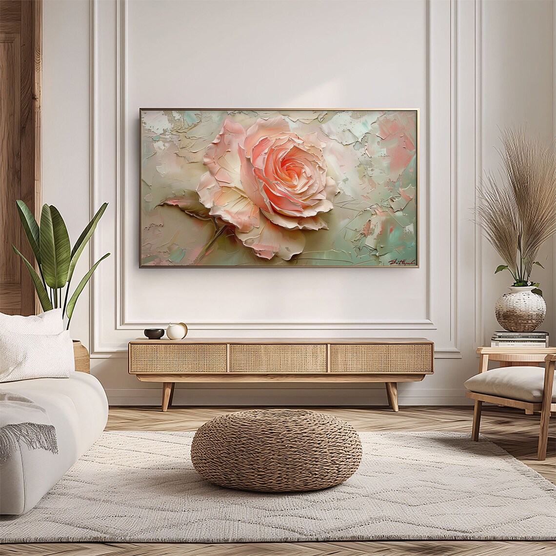 Peach Rose Elegance Textured Impasto Floral Painting Wall Art - Image 5