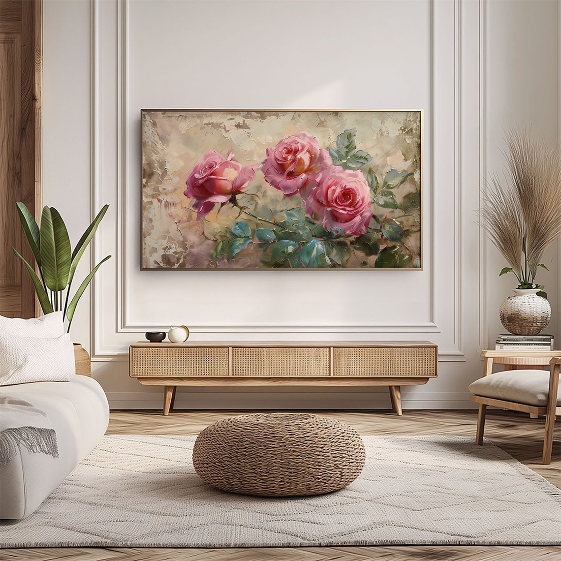 Classic Blush Pink Roses Trio Vintage Floral Painting Wall Art - Image 5