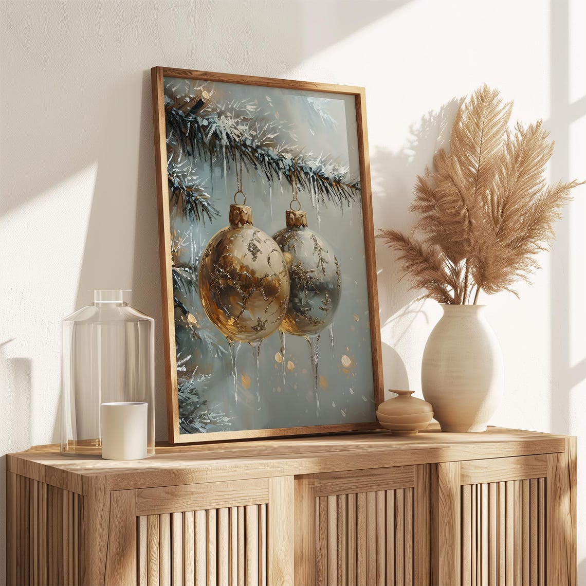 Golden Christmas Baubles Icicles Snowy Branches Elegant Wall Art Print - Image 3