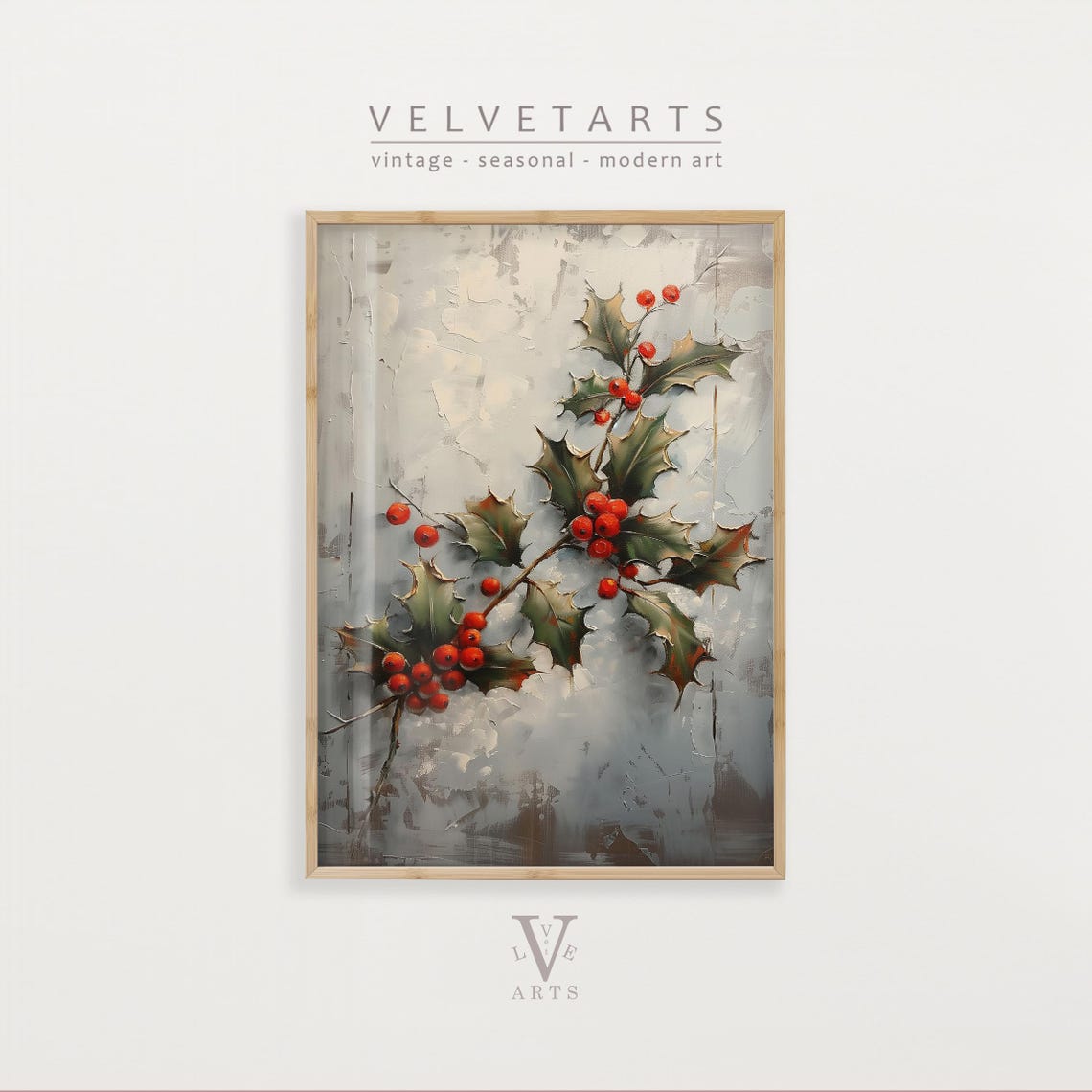 Red Holly Berries Branch White Winter Elegant Botanical Wall Art Print