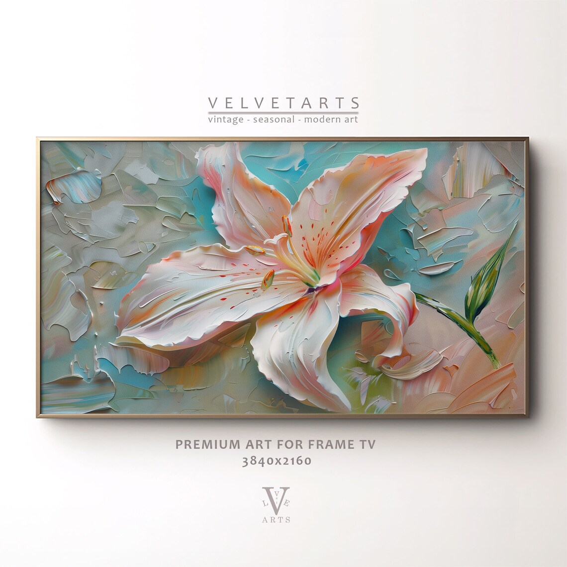 Blooming Lily Pink White Teal Textured Floral Painting Wall Art