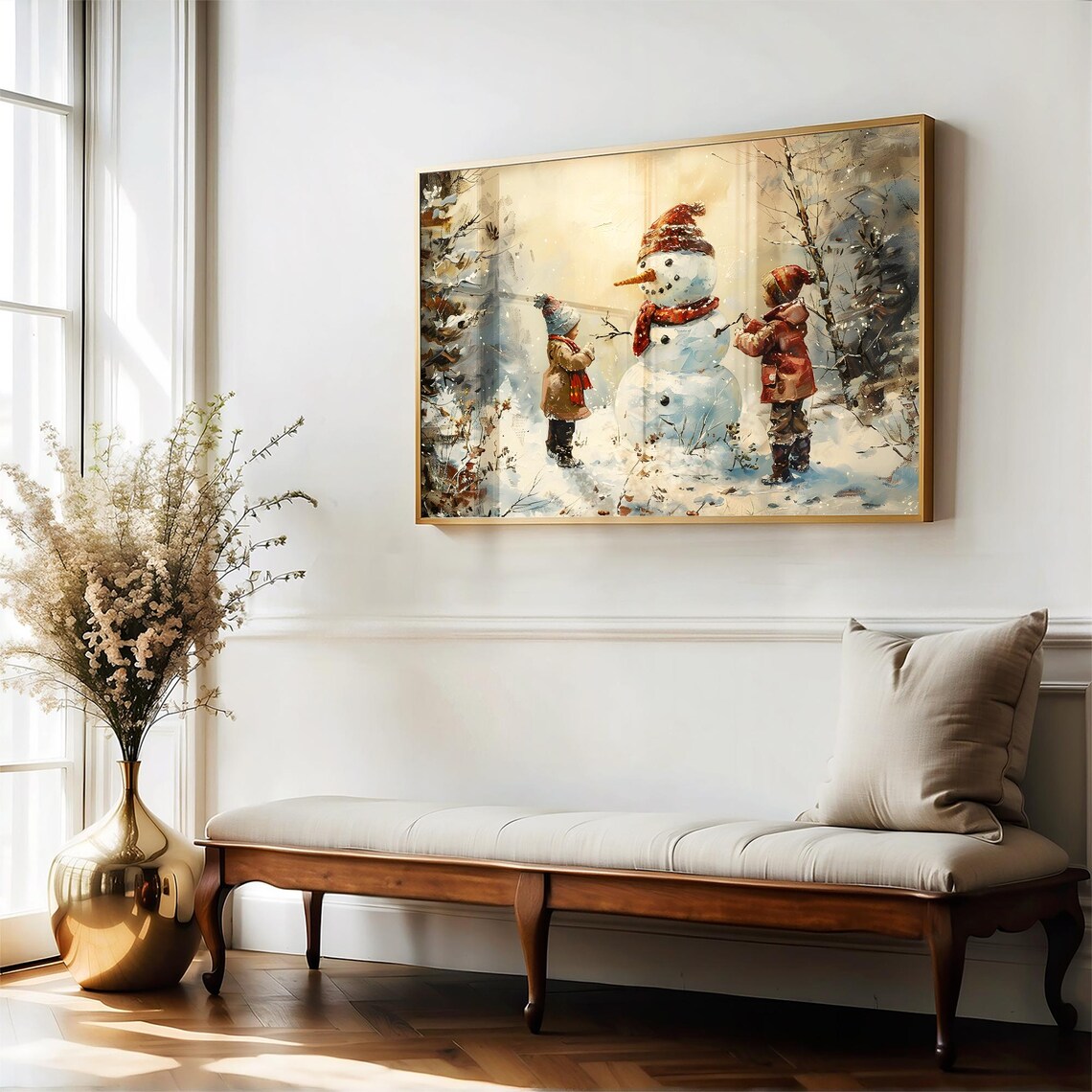 Two Children Building a Snowman in Golden Snowfall Art Poster - Image 4