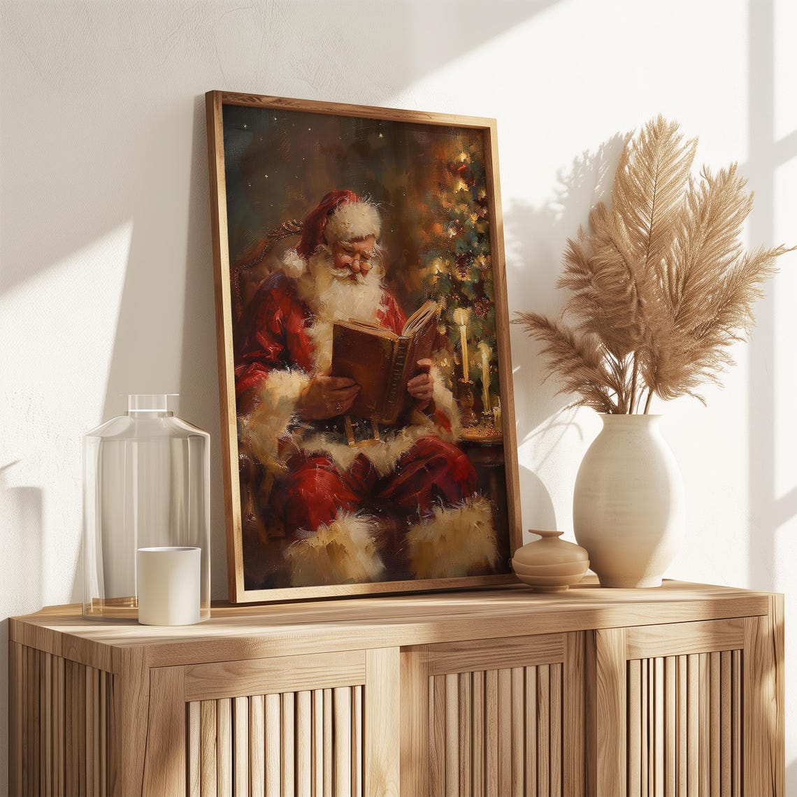 Santa Claus Reading a Book by the Fireplace Christmas Wall Art - Image 3