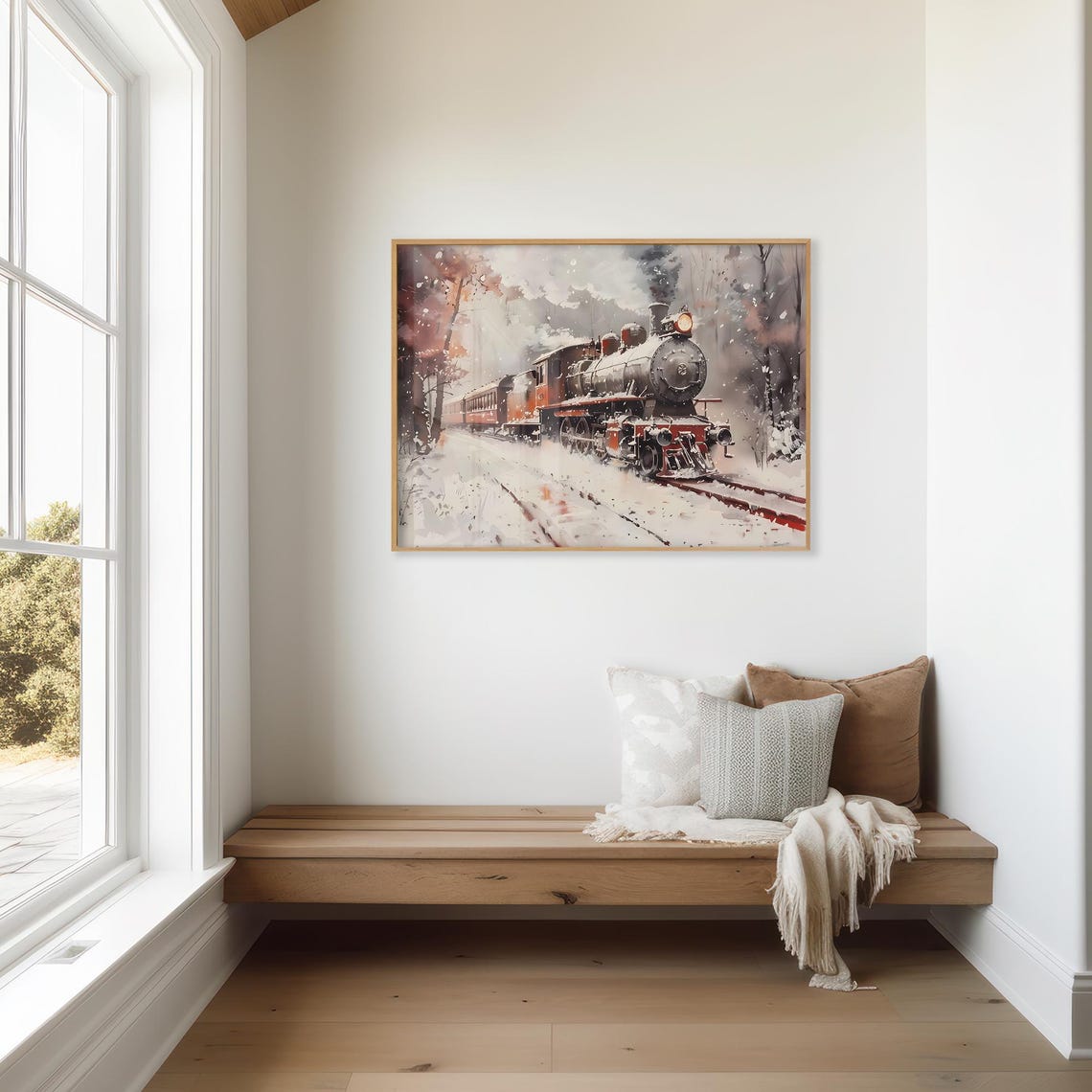 Vintage Red Steam Train Traveling Through a Snowy Forest Poster - Image 3