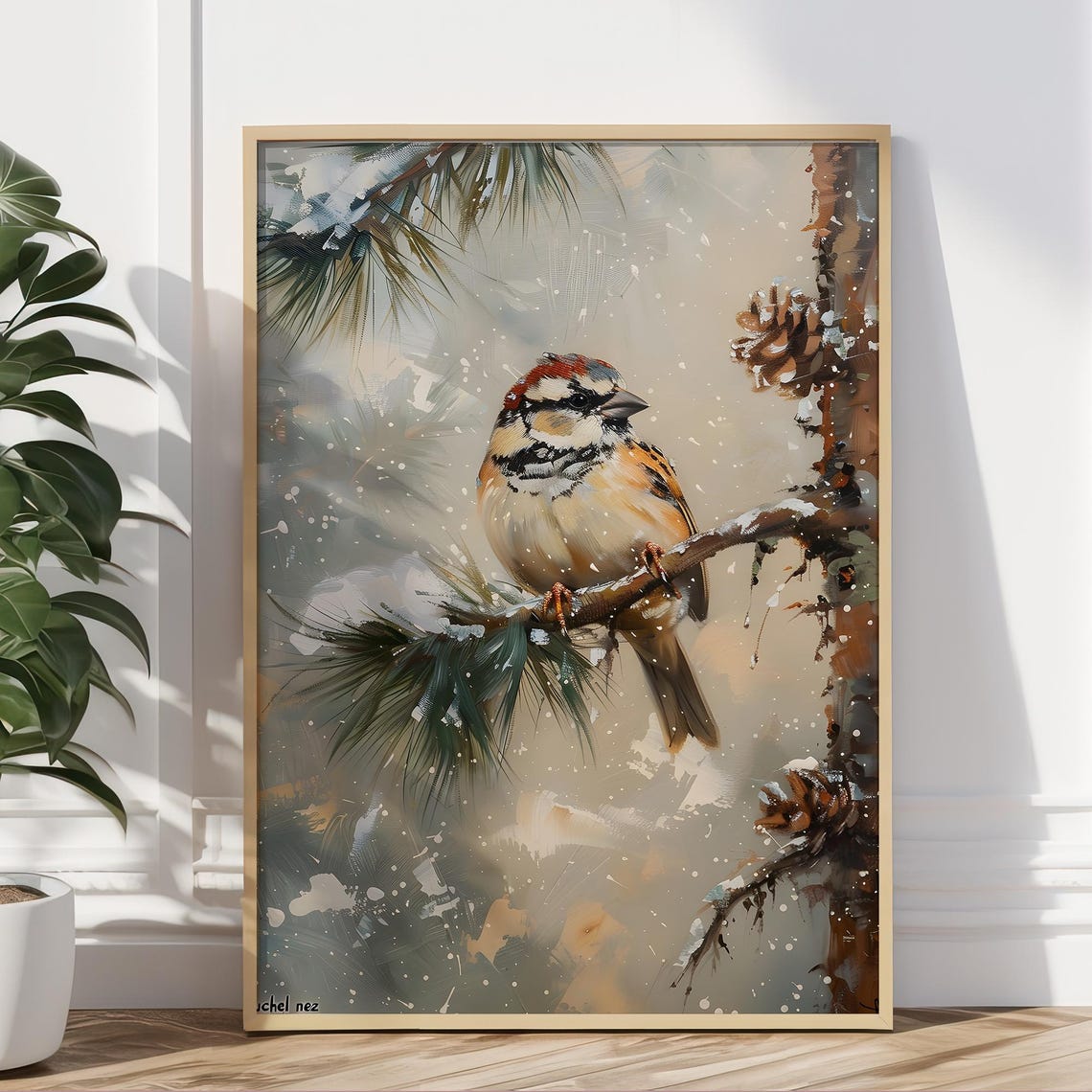Winter Sparrow on Snowy Pine Branch Vintage Bird Painting Wall Art - Image 5