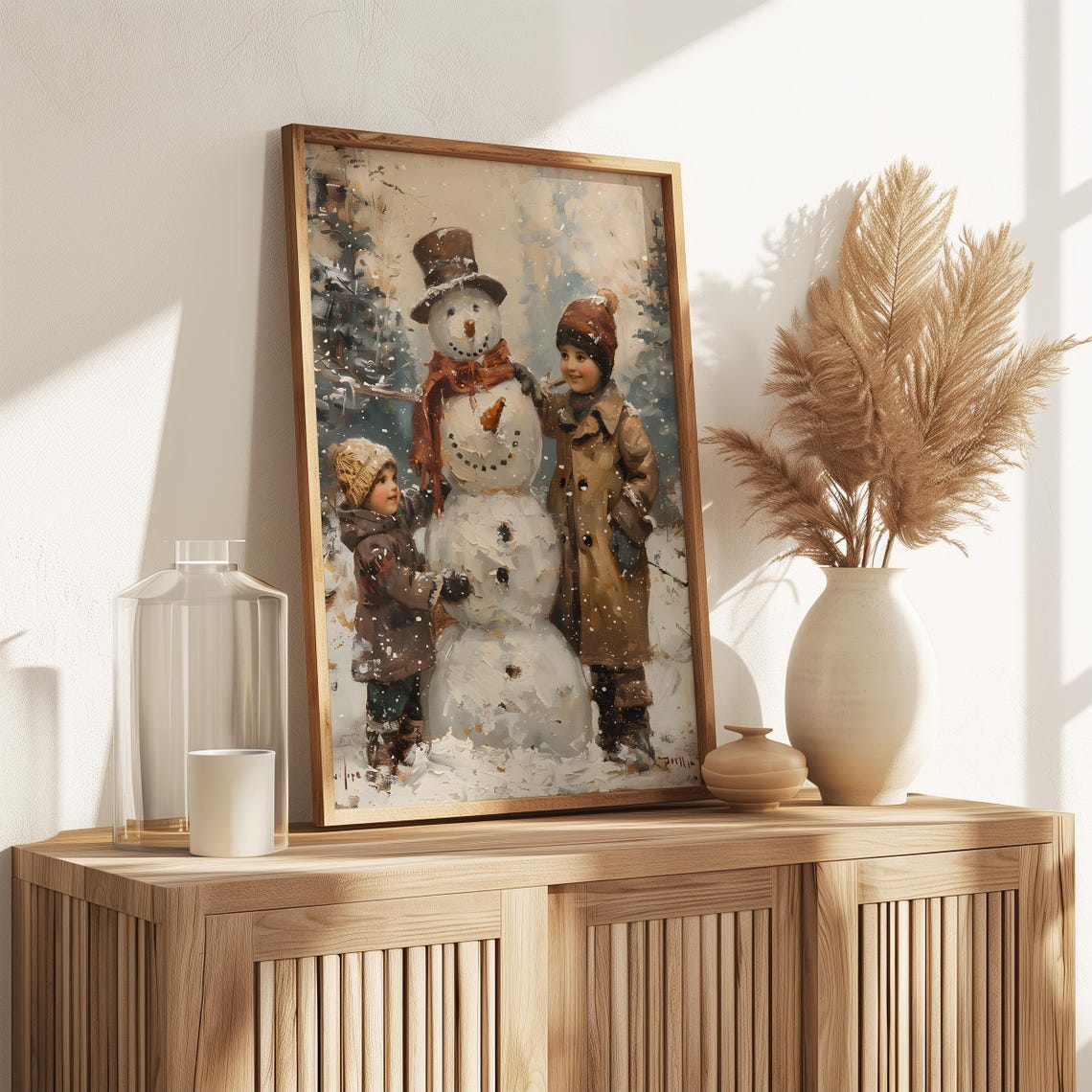 Children Building a Snowman With Top Hat in Falling Snow Poster - Image 3