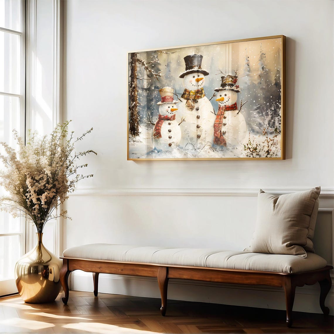 Snowman Trio With Top Hats And Plaid Scarves Christmas Wall Art - Image 4