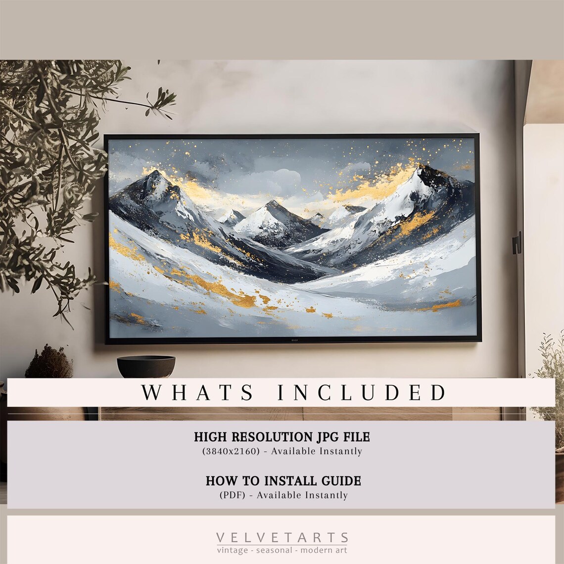 Abstract Snowy Mountain Peaks With Gold Accents Winter Art Poster