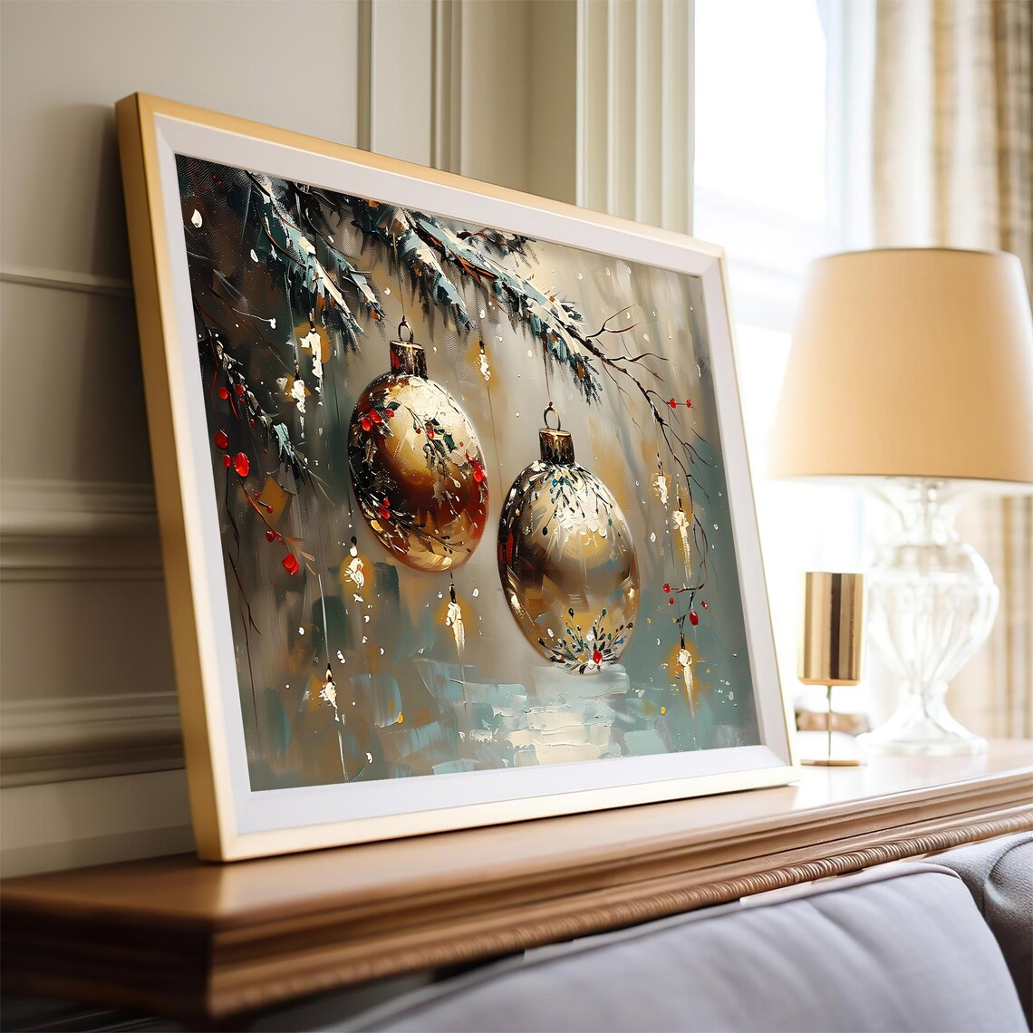 Golden Christmas Ornaments Hanging From Snowy Branch Art Poster - Image 4