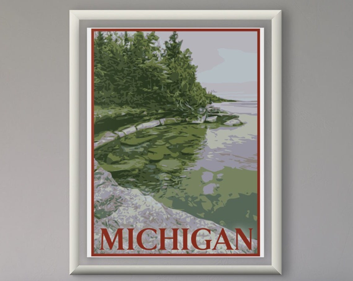 Michigan Rocky Shoreline Clear Water Forest Vintage Travel Poster