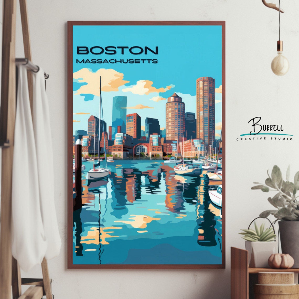 Boston Massachusetts Harbor Skyline Sailboat Retro Travel Poster - Image 3