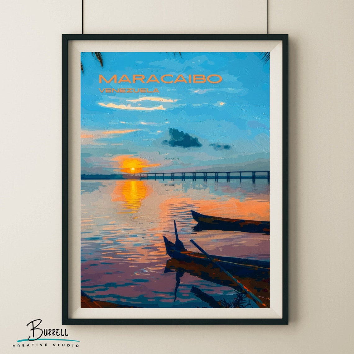 Maracaibo Venezuela Sunset Canoe Lake Bridge Colorful Travel Poster - Image 5