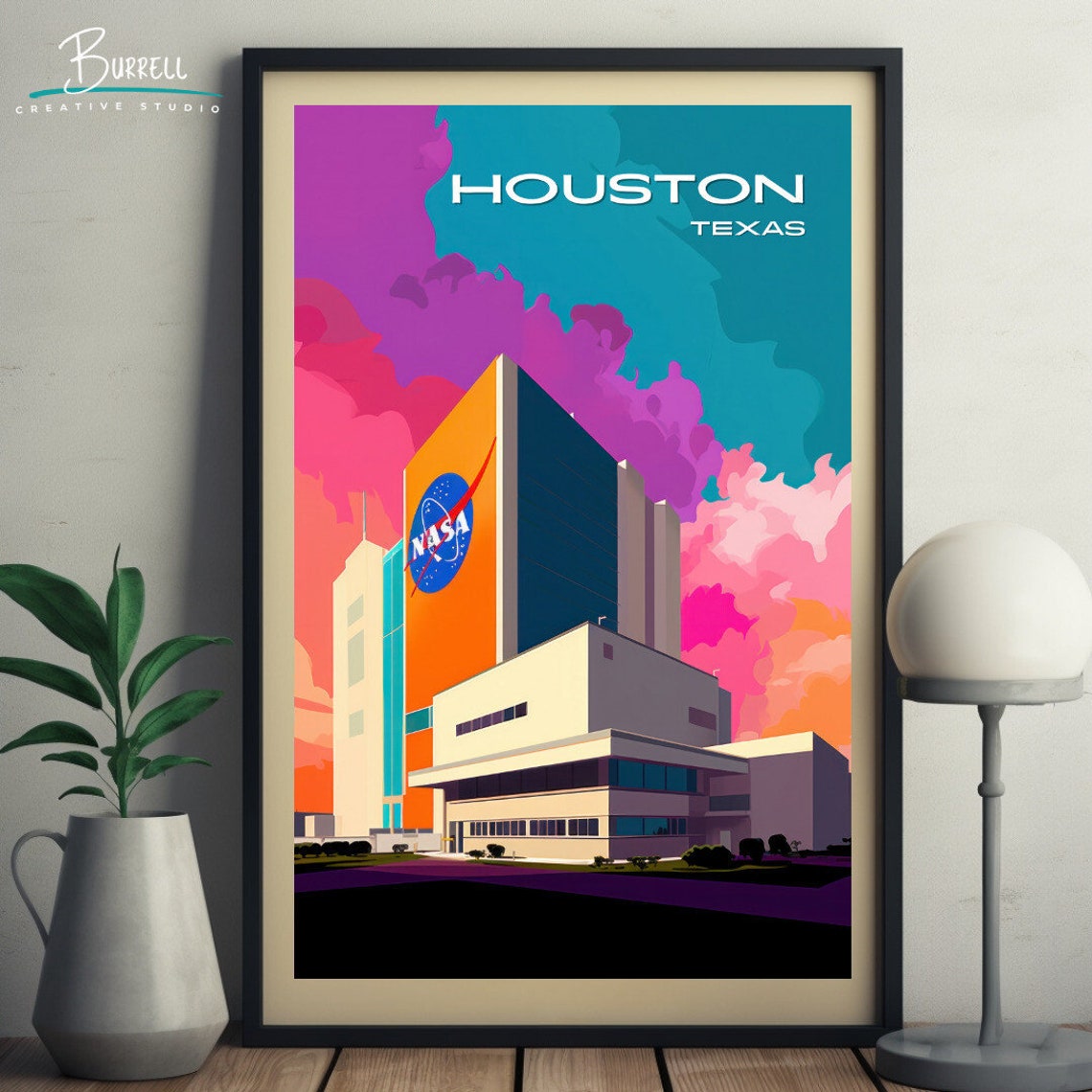 Houston Texas NASA Building Sunset Pink Sky Space City Travel Poster - Image 5