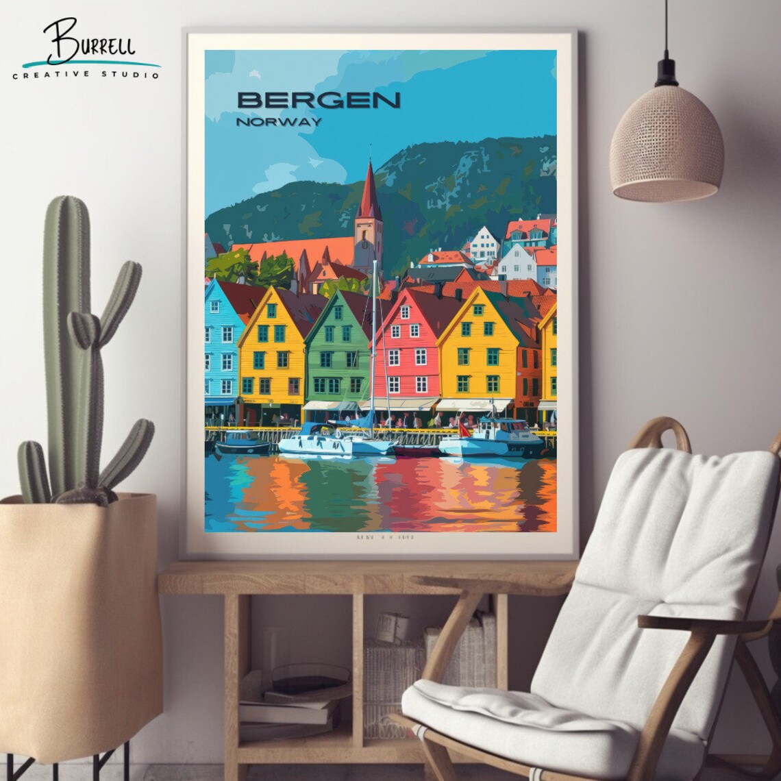 Bergen Norway Bryggen Wharf Colorful Waterfront Harbor Boats Poster - Image 2