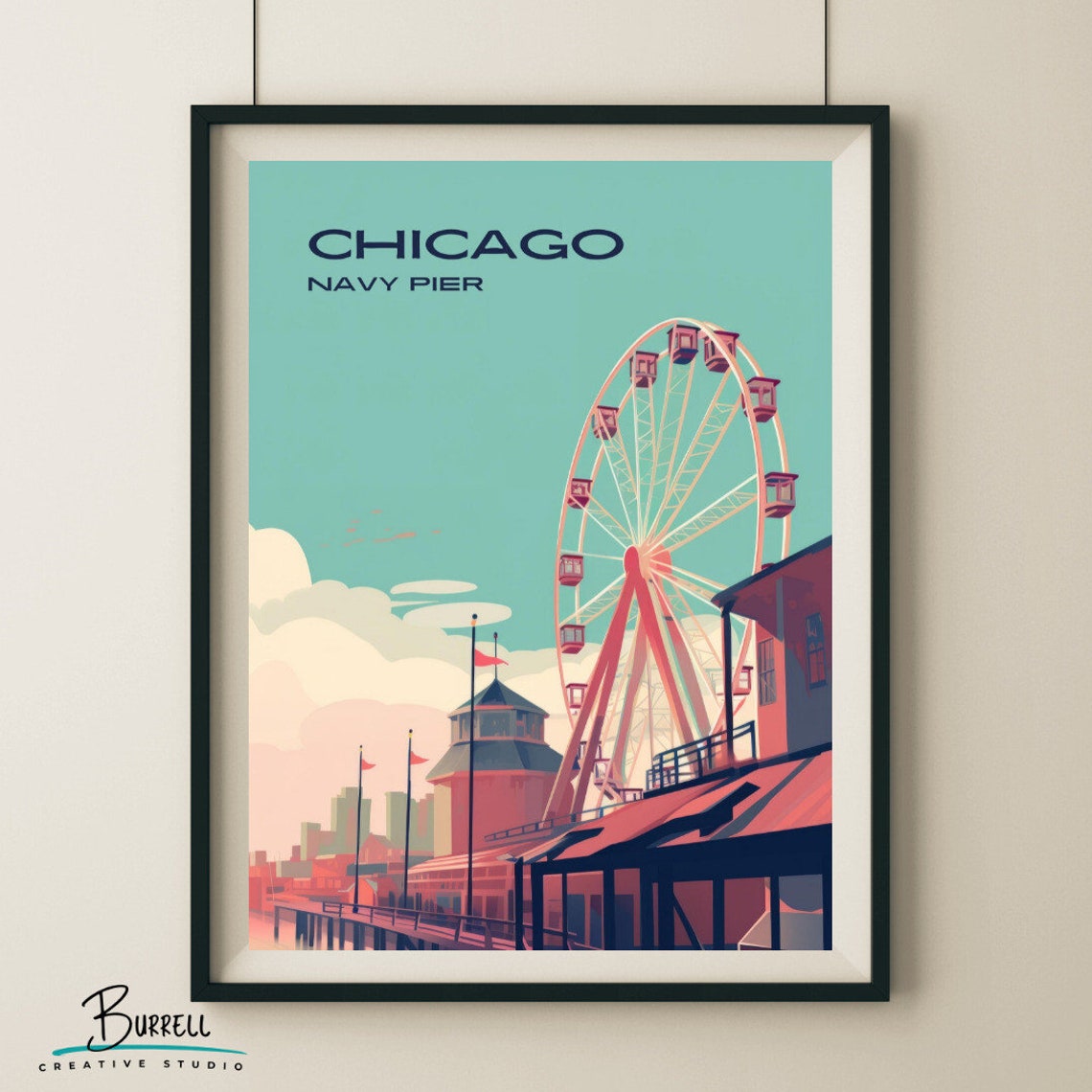 Chicago Navy Pier Ferris Wheel Retro Lakeside Sunset View Poster