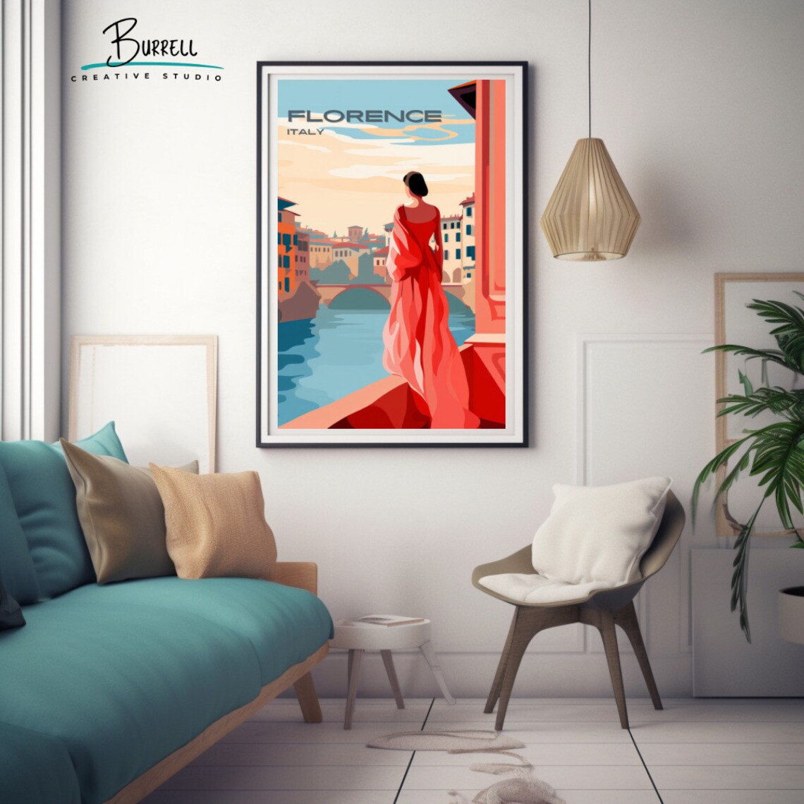 Florence Italy Woman in Red Dress Overlooking the Arno River Poster - Image 3