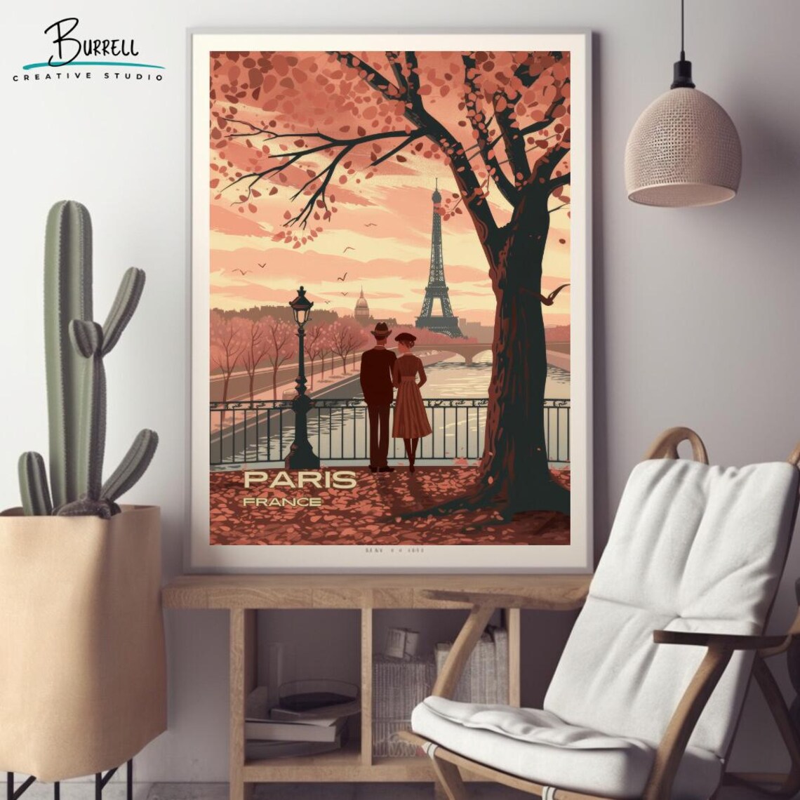 Paris France Eiffel Tower Autumn River Couple Vintage Travel Poster - Image 2