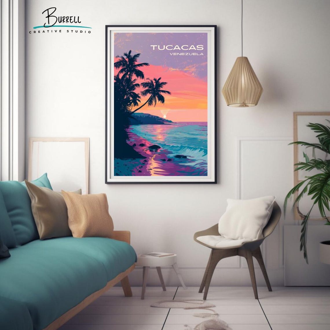Tucacas Venezuela Beach Sunset Pink Sky Palm Trees Travel Poster - Image 3