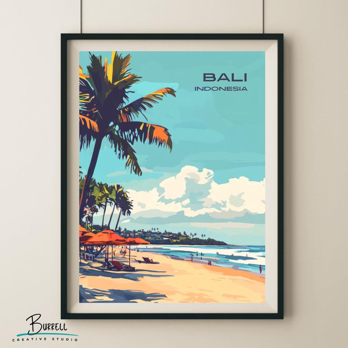 Bali Indonesia Seminyak Beach Palm Umbrellas Surf Waves Poster