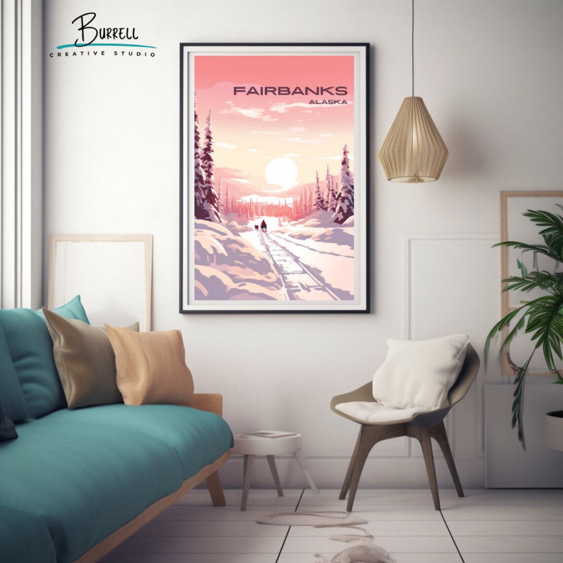 Fairbanks Alaska Snowy Sunset Trail with Sled Dogs Winter Poster - Image 3