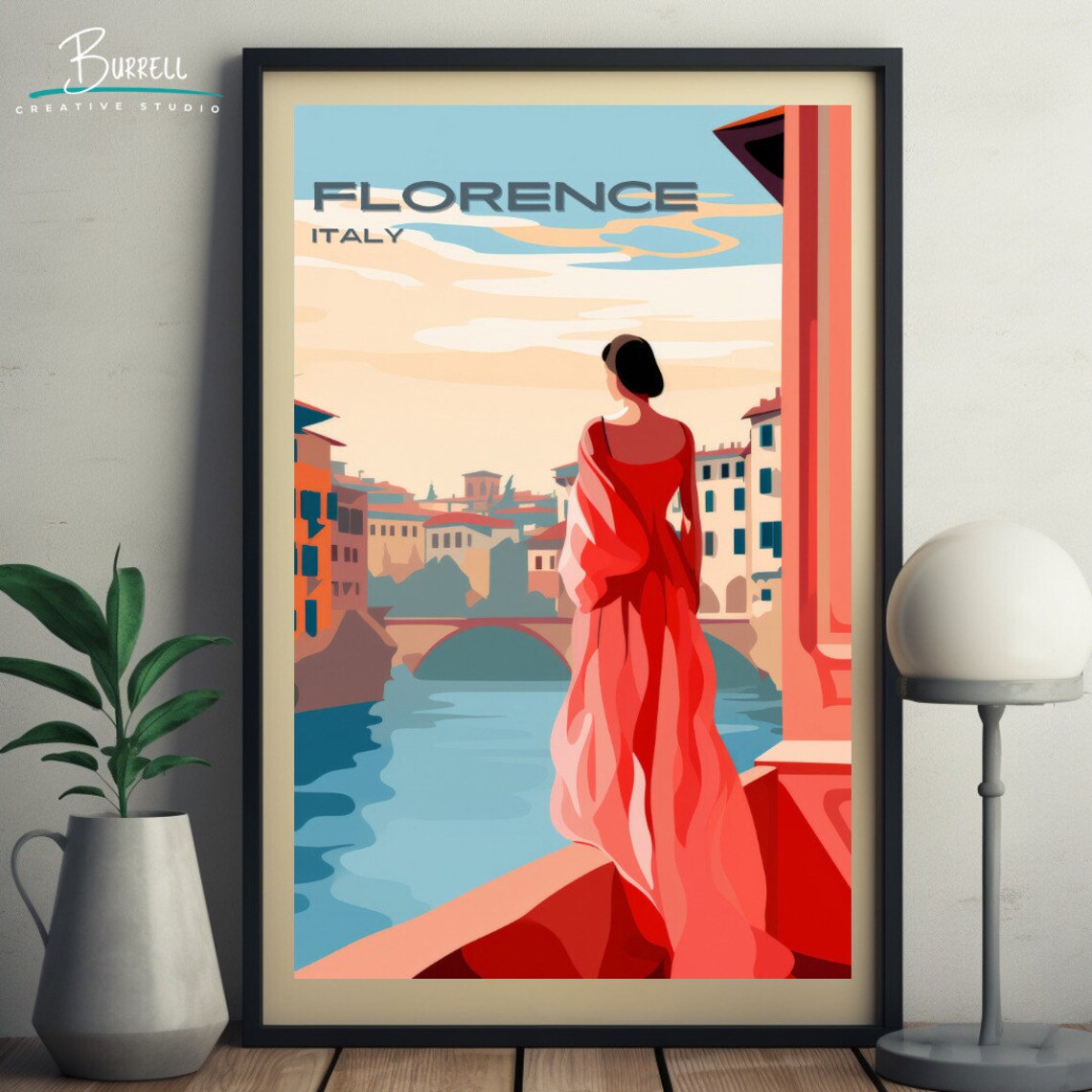 Florence Italy Woman in Red Dress Overlooking the Arno River Poster - Image 5