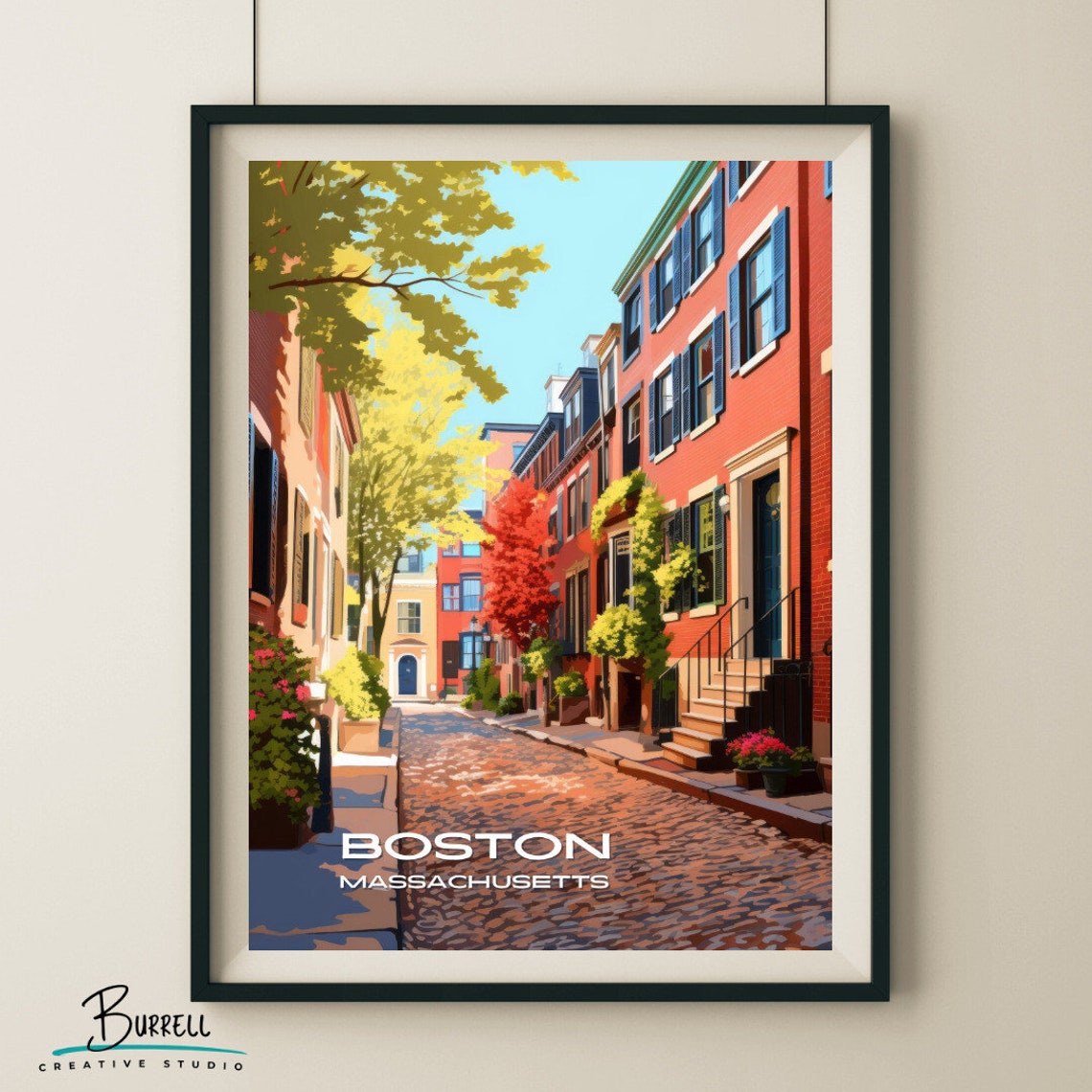 Boston Massachusetts Beacon Hill Brick Street Autumn Travel Poster - Image 5
