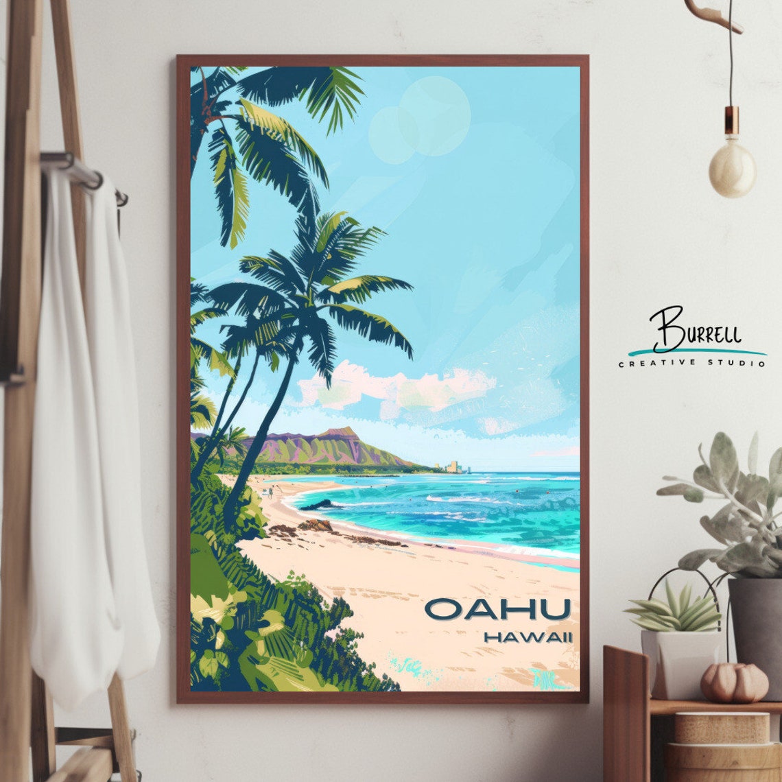 Oahu Hawaii Palm Lined Beach Volcanic Crater Horizon View Poster - Image 4