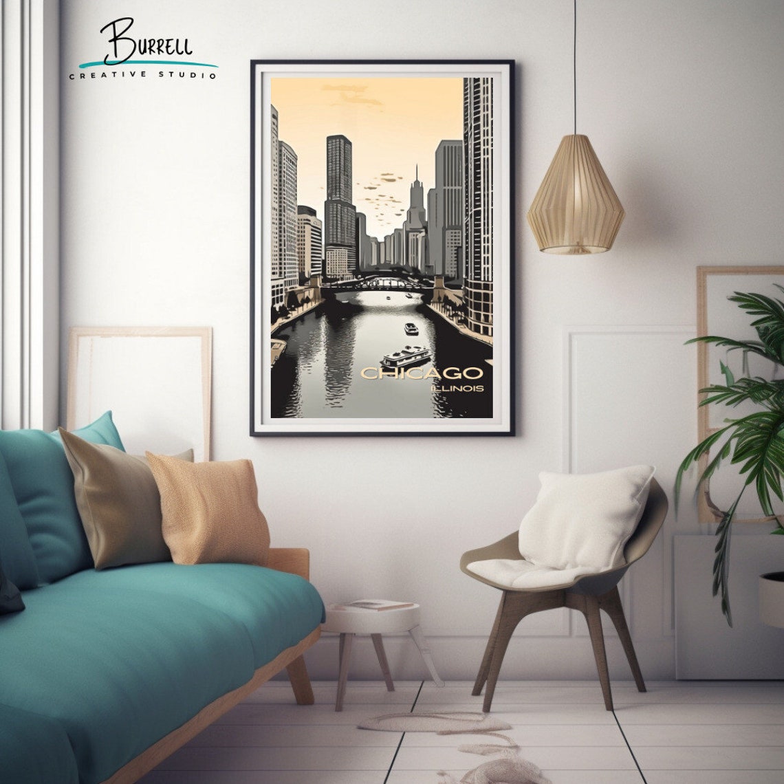 Chicago Illinois Chicago River Skyline Bridge Illustration Poster - Image 3
