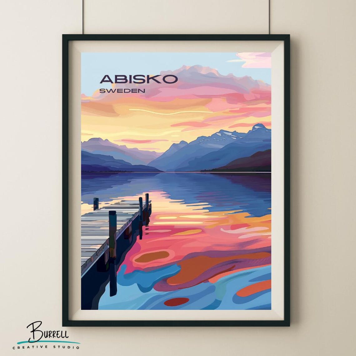 Abisko Sweden Lake Tornetrask Sunset Wooden Pier Arctic Travel Poster