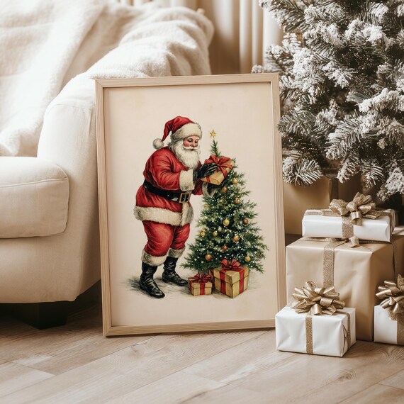 Vintage Santa with Christmas Gift Small Tree Classic Holiday Poster