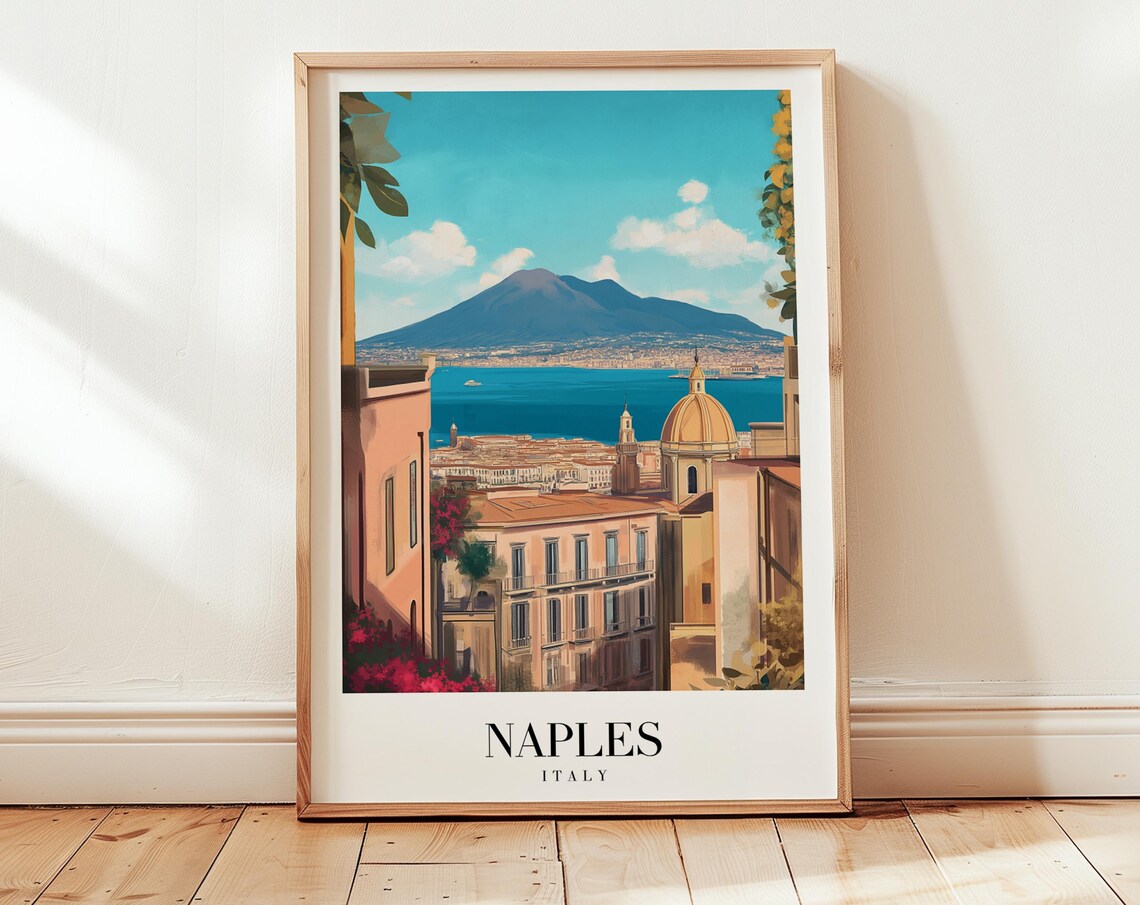 Naples Italy Vesuvius Bay View Terracotta Rooftops Travel Poster