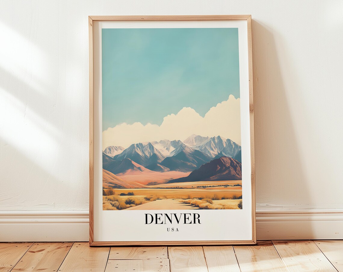 Denver USA Snowy Mountain Range Golden Prairie Vista Travel Poster